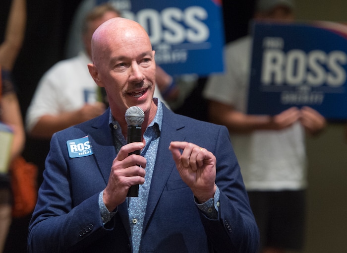 (Rick Egan  |  The Salt Lake Tribune)  
Former Salt Lake City police chief Chris Burbank, endorses candidate Fred Ross, before the vote, for the Salt Lake County sheriff. Saturday, August 12, 2017.



