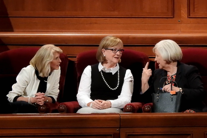 (Trent Nelson | The Salt Lake Tribune)  Young Women General President Bonnie L. Oscarson, center, with her counselors Carol F. McConkie and Neill F. Marriott, at the General Women's Session of the 187th Semiannual General Conference of the The Church of Jesus Christ of Latter-day Saints, in Salt Lake City, Saturday September 23, 2017.