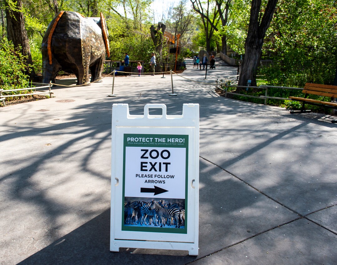 (Rick Egan  |  The Salt Lake Tribune)  A sign directs traffic, to help with social distancing, at the Hogle Zoo re-opend,Saturday May 2, 2020