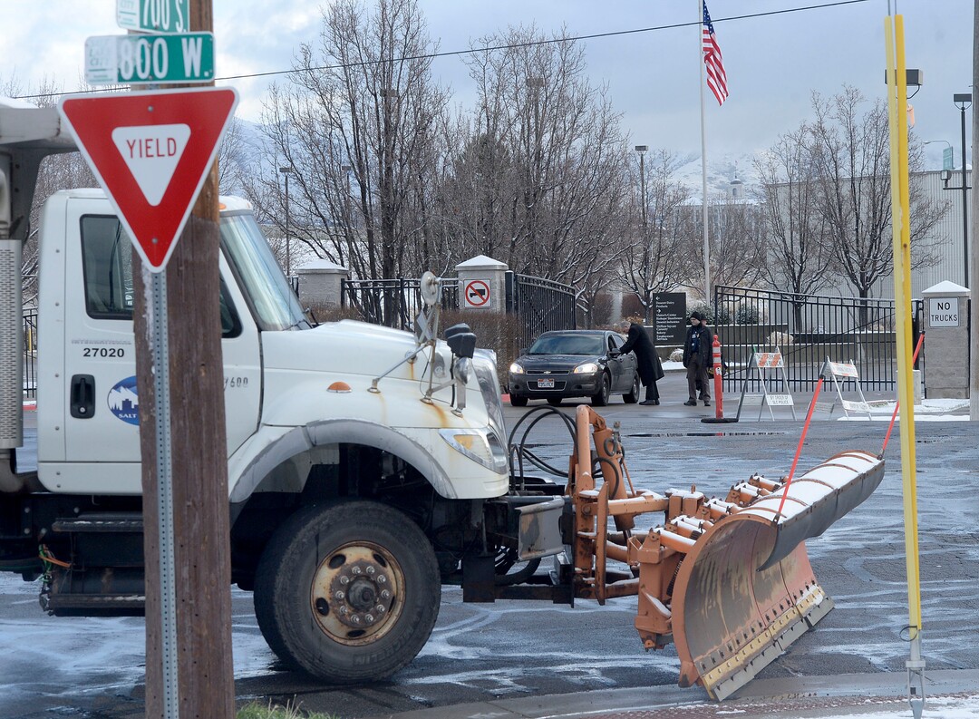 (Al Hartmann  |  The Salt Lake Tribune) 	Snowplows block sidestreets near 700 S. and 800 W. near LDS Welfare Square preparing for President Trump's motorcade Monday Dec. 4.  He is to visit Welfare Square with leaders of LDS Church before heading to the Utah Capitol where he is expected to shrink Bear's Ears and Grandstaircase National Monuments. 