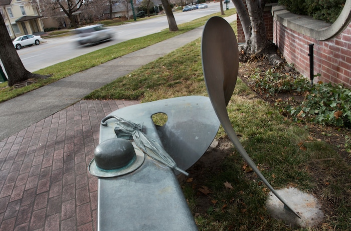 (Scott Sommerdorf   |  The Salt Lake Tribune)   
The bench at South Temple and T Street created by Utah sculptor Richard Johnston, Wednesday, December 20, 2017.  
