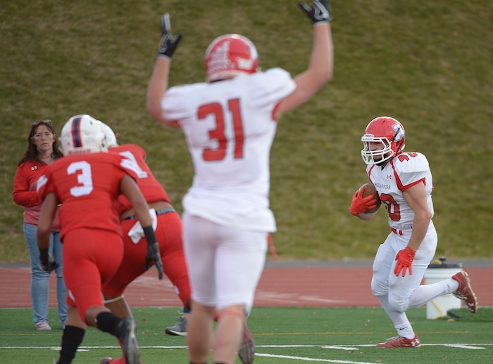 (Leah Hogsten  |  The Salt Lake Tribune) American Fork's Josh Wernli runs in a touchdown. American Fork High School boys' football team East High School during their class 6A state quarterfinal football game, Friday, November 3, 2017
