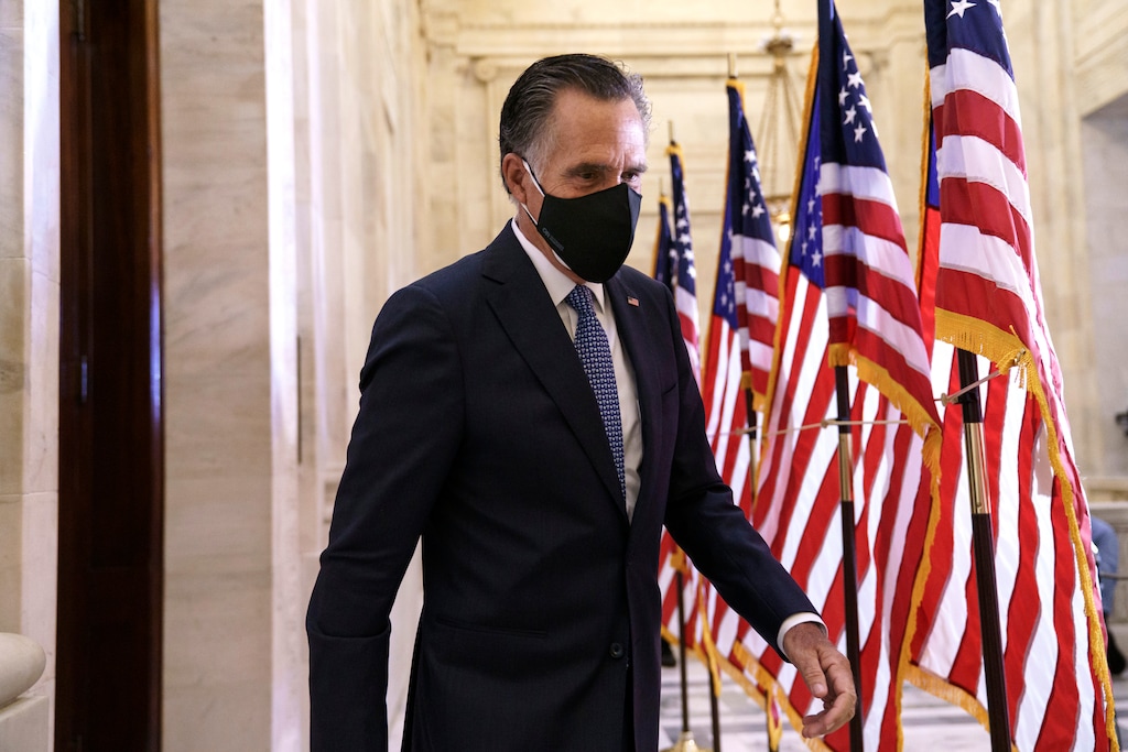 (J. Scott Applewhite | AP file photo)  Sen. Mitt Romney, R-Utah, departs after the Republican Conference held leadership elections on Capitol Hill in Washington, Tuesday, Nov. 10, 2020.