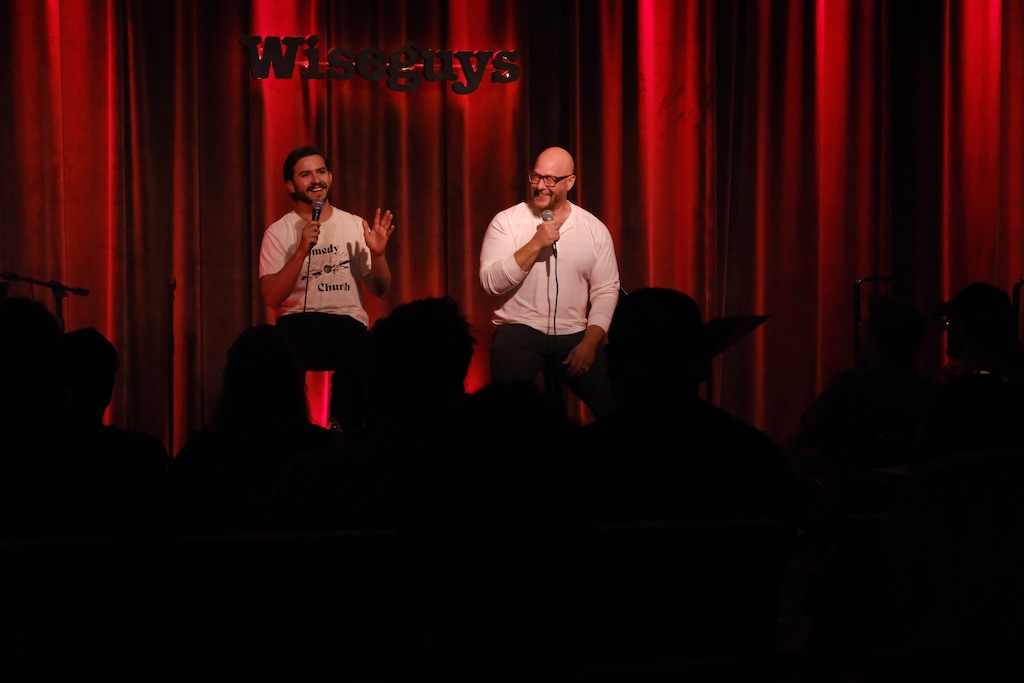 (Amber Jay) Adam Broud and Greg Kyte of Comedy Church lead a show at Wiseguys comedy club on Sunday, Sept. 21, 2025.