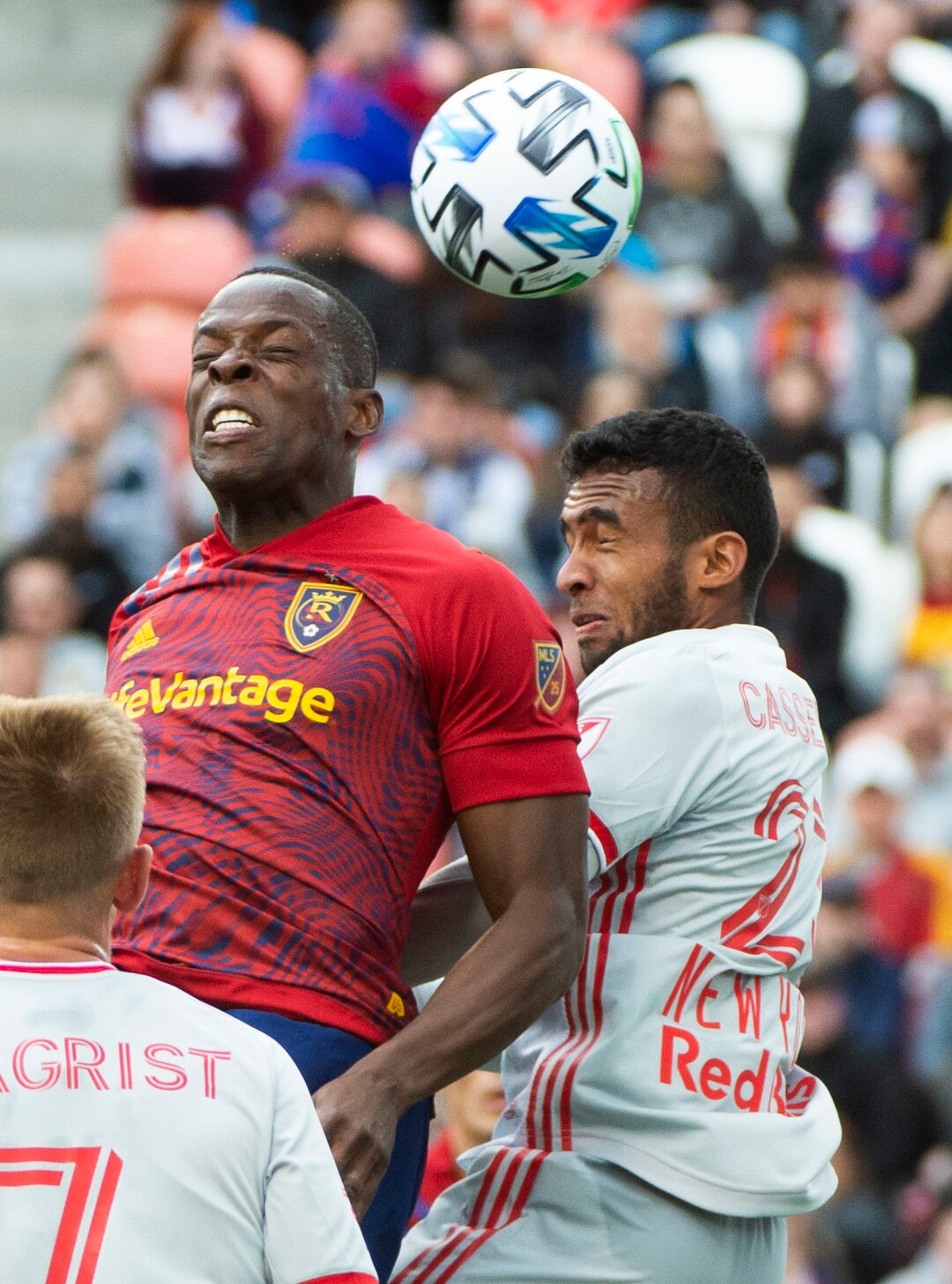 (Rick Egan  |  The Salt Lake Tribune)   Real Salt Lake defender Nedum Onuoha (14) and New York Red Bulls midfielder Cristian Casseres Jr (23) go for the ball, in MLS acton between Real Salt Lake and the New York Red Bulls at Rio Tinto Stadium, Saturday, March 7, 2020.
