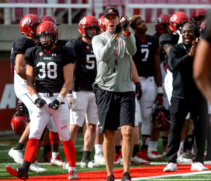 (Steve Griffin  |  The Salt Lake Tribune) Utah football coach Gary Anderson cheers on the defense during the University of Utah football team's first scrimmage at Rice-Eccles Stadium in Salt Lake City Friday March 30, 2018.
