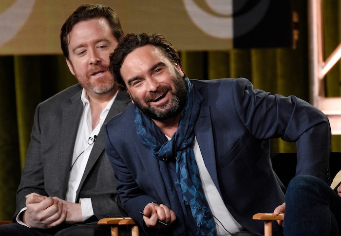Johnny Galecki, right, co-executive producer of the new CBS series "Living Biblically," takes part in a panel discussion on the show with co-executive producer Patrick Walsh at the Television Critics Association Winter Press Tour on Saturday, Jan. 6, 2018, in Pasadena, Calif. (Photo by Chris Pizzello/Invision/AP)