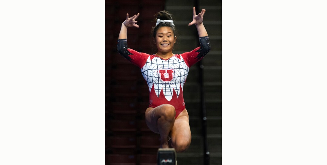 (Rick Egan | The Salt Lake Tribune) Cristal Isa competes on the bean for Utah in the PAC-12 Gymnastics Championship tournament at the Maverik Center, on Saturday, March 20, 2021.