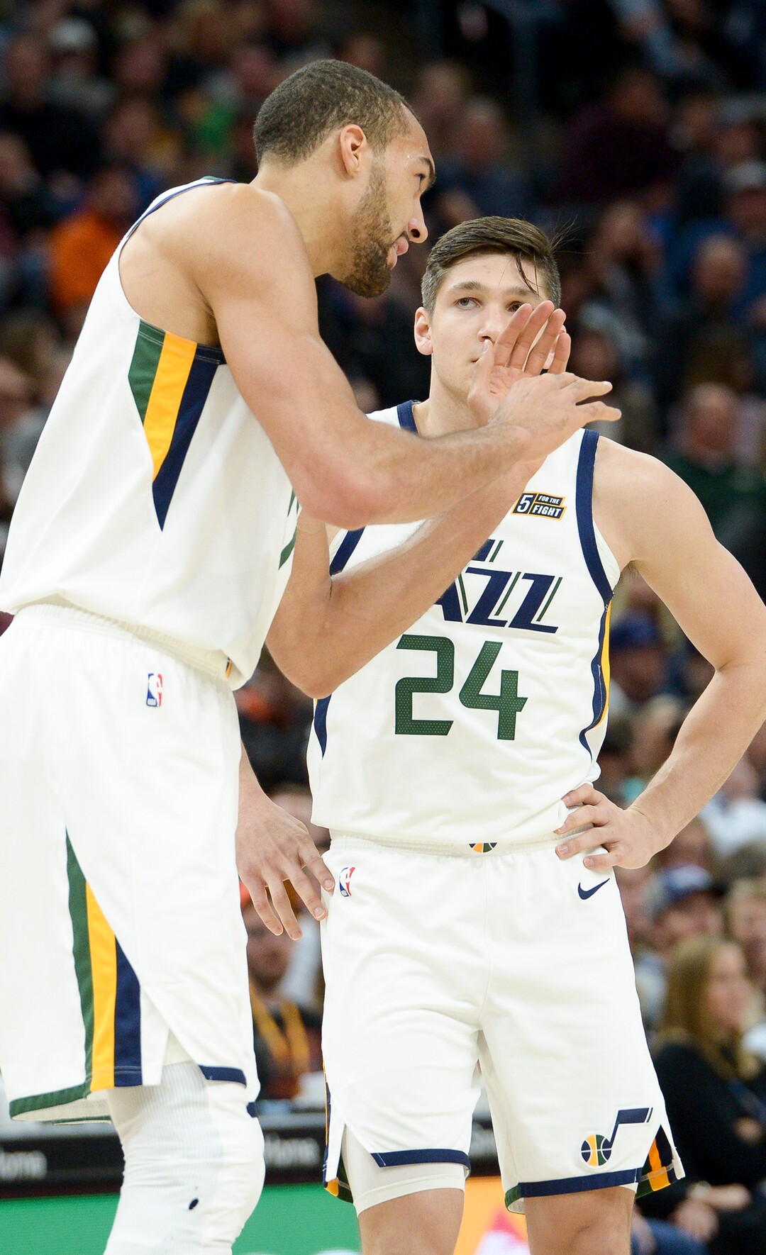 Leah Hogsten  |  The Salt Lake Tribune  Utah Jazz center Rudy Gobert (27) confers with Utah Jazz guard Grayson Allen (24) during the first half as the Utah Jazz take on the Atlanta Hawks, Feb. 1, 2019 at Vivint Smart Home Arena. 