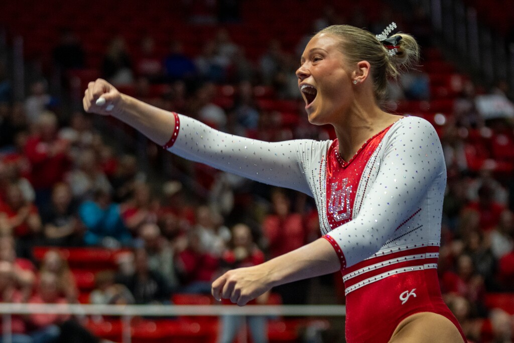 (Rick Egan | The Salt Lake Tribune) Avery Neff reacts after competing on the floor in the NCAA regional semi-finals at the Jon M. Huntsman Center on Thursday, April 3, 2025.