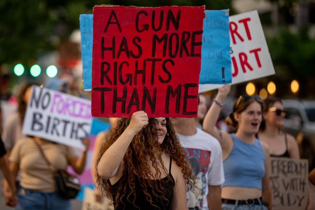 (Trent Nelson  |  The Salt Lake Tribune) People march in Salt Lake City to protest after the U.S. Supreme Court overruled Roe v. Wade, on Friday, June 24, 2022.