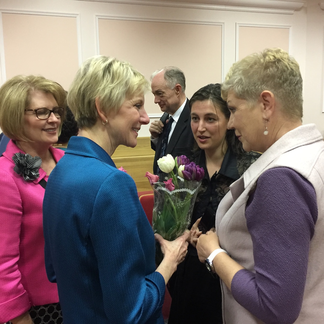 photo courtesy LDS churchGeneral Relief Society President Jean B. Bingham visits with church members in Russia.