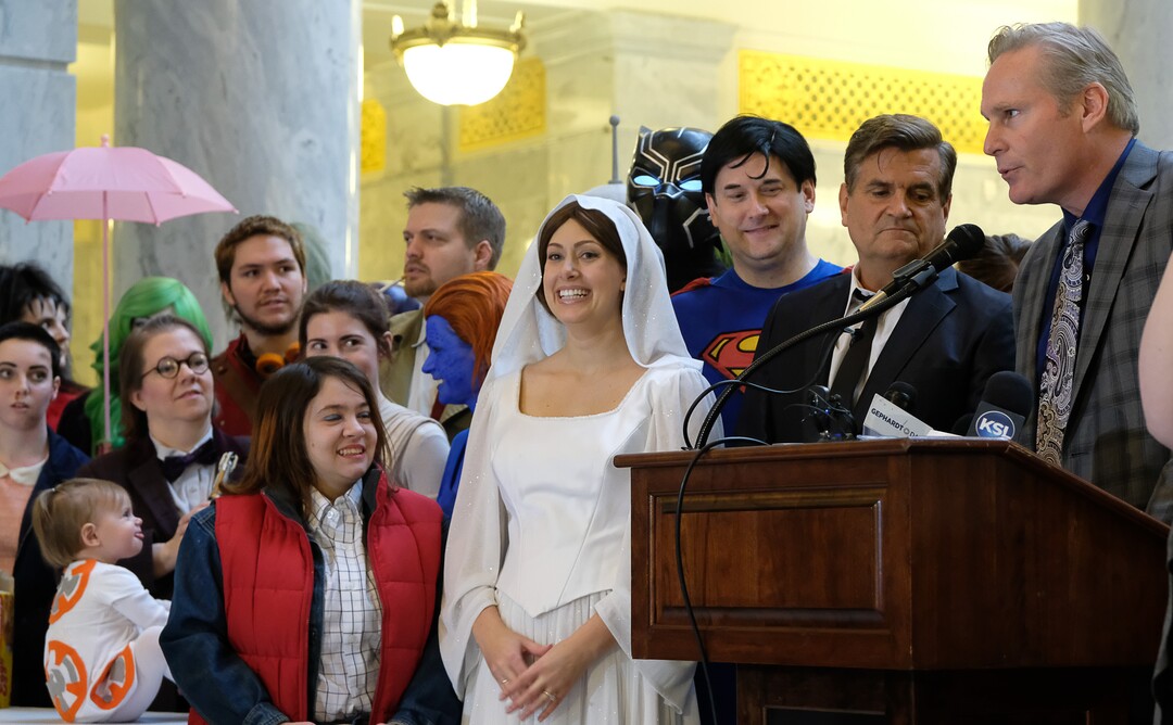 (Francisco Kjolseth | The Salt Lake Tribune) Cosplay fans fill the Utah Capitol rotunda for Salt Lake Comic Con's announcement of celebrity guests for FanX 2017, by founders Bryan Brandenburg and Dan Farr, at right.