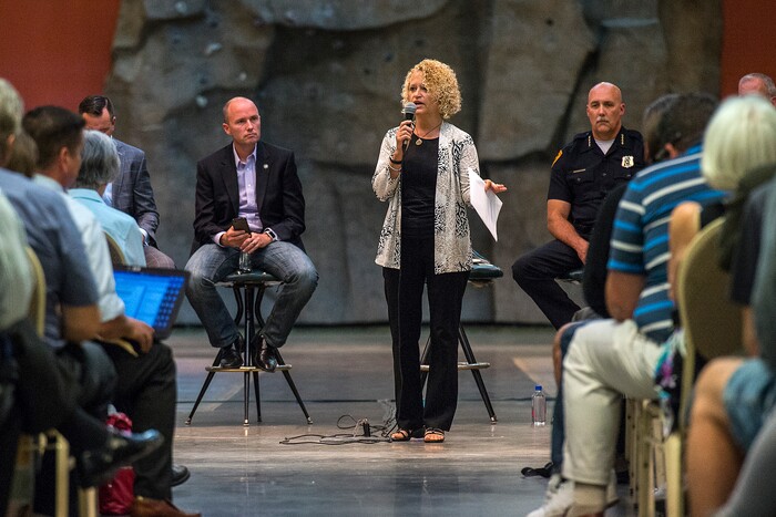 (Chris Detrick  |  The Salt Lake Tribune) Salt Lake City Mayor Jackie Biskupski speaks during a public forum about Operation Rio Grande at The Gateway in Salt Lake City Tuesday, August 15, 2017. 