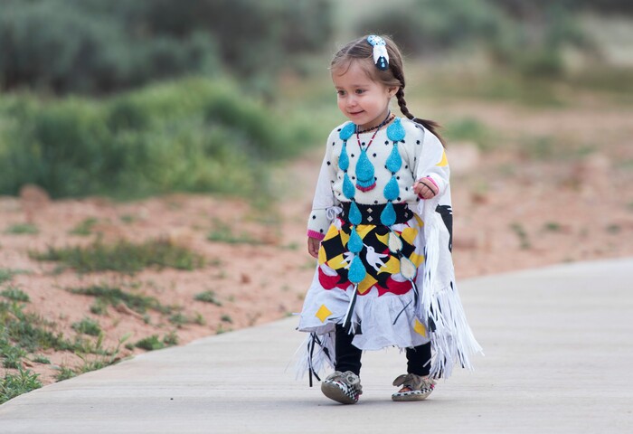 (Rick Egan  |  Tribune File Photo)  Aira Martineua, 2, wears her dancing regalia at the Parowan Gap, Wednesday, May 6, 2015.