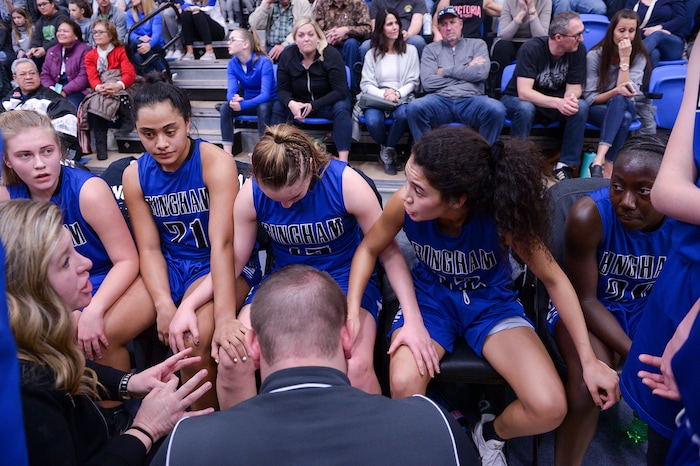 (Leah Hogsten  |  The Salt Lake Tribune) Bingham's head coach Charron Mason and the team strategize during a timeout. Fremont defeated Bingham 61-47 to win the 6A High School Girls' Basketball Tournament title at SLCC in Taylorsville,Saturday, Feb. 24, 2018. 