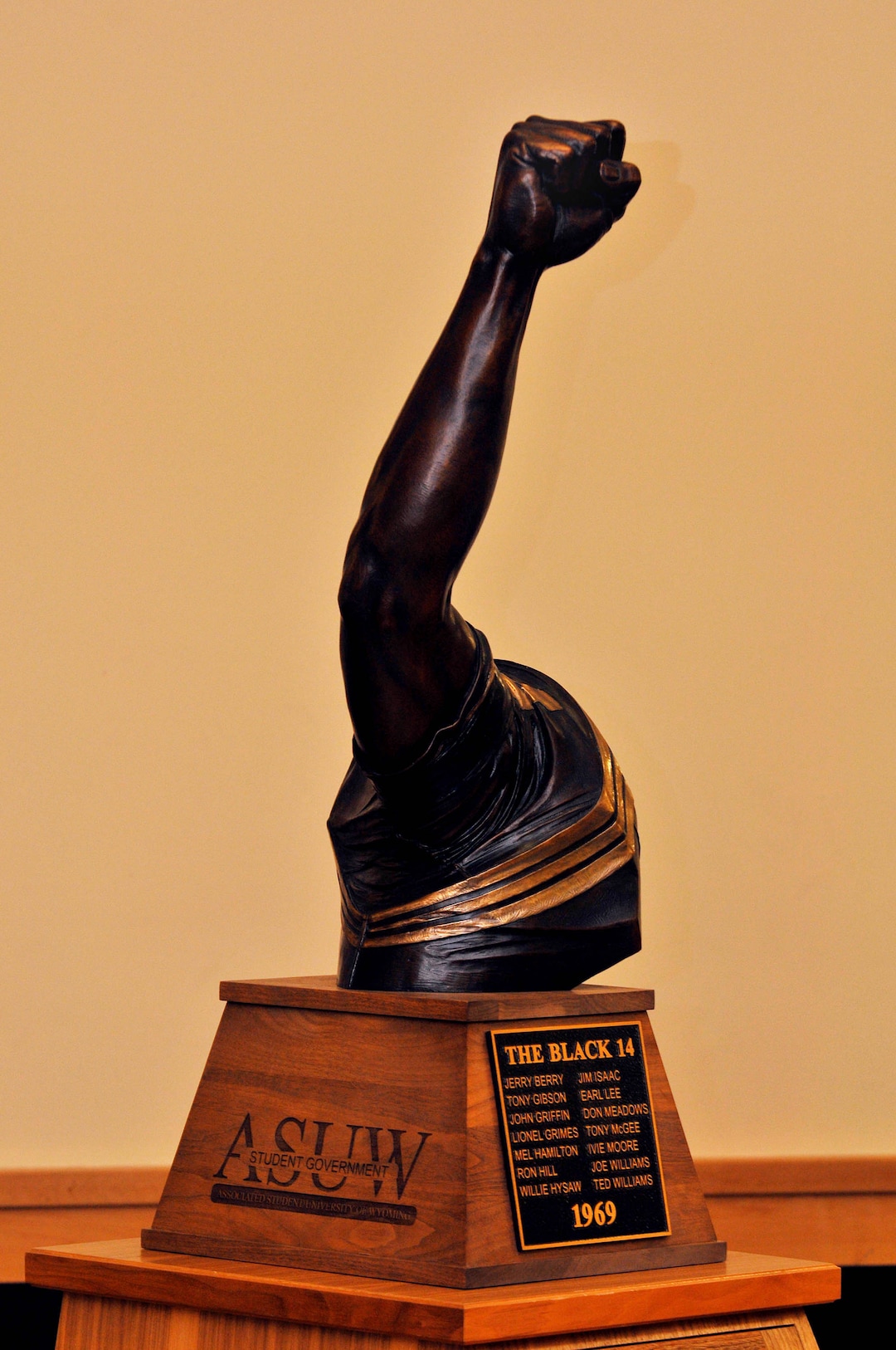 The Black 14 statue is placed in the Central Ballroom inside the Wyoming Union for the Black 14 panel discussion Tuesday November 3, 2009 in Laramie, Wyo. The discussion marks the 40-year anniversary in 1969 when 14 Wyoming football players were kicked off the team as they planned on wearing black armbands during a game against BYU. (Photo by Andy Carpenean/Laramie Boomerang)