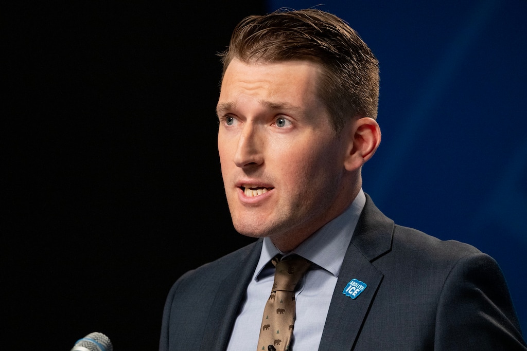 (Scott G Winterton | Pool) Nate Blouin participates in the 1st Congressional District Democratic primary debate in Salt Lake City on Wednesday, May 27, 2026.