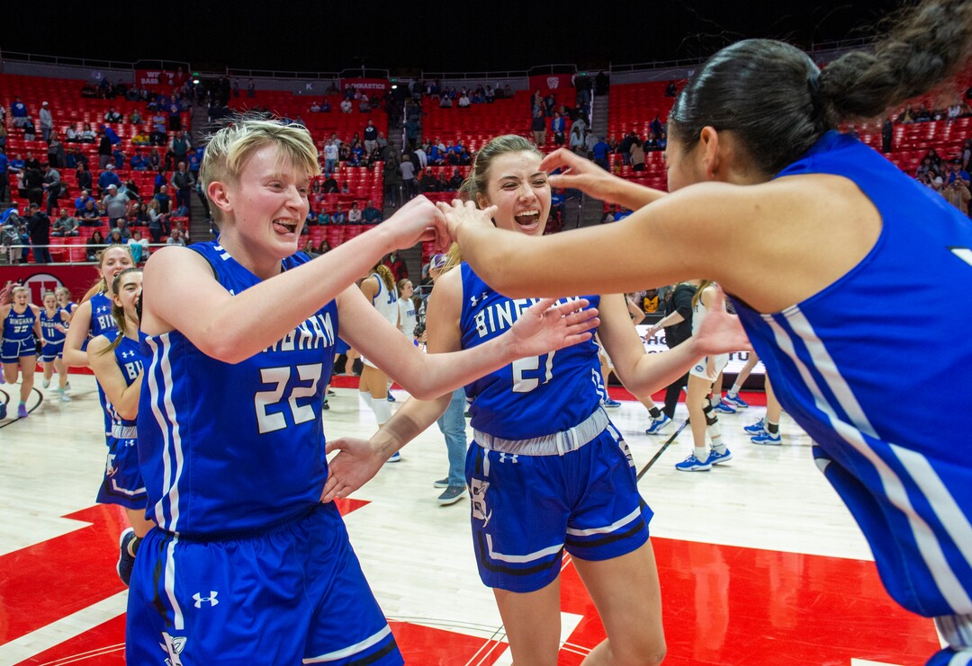 (Rick Egan  |  The Salt Lake Tribune)   Bingham Miners Madison Jones  (22) celebrates with  team mates as the Bingham Miners celebrate their 59-51 win over the Fremont Silverwolves, in the 6A championship game, at the Jon M. Huntsman Center, Saturday Feb. 29, 2020