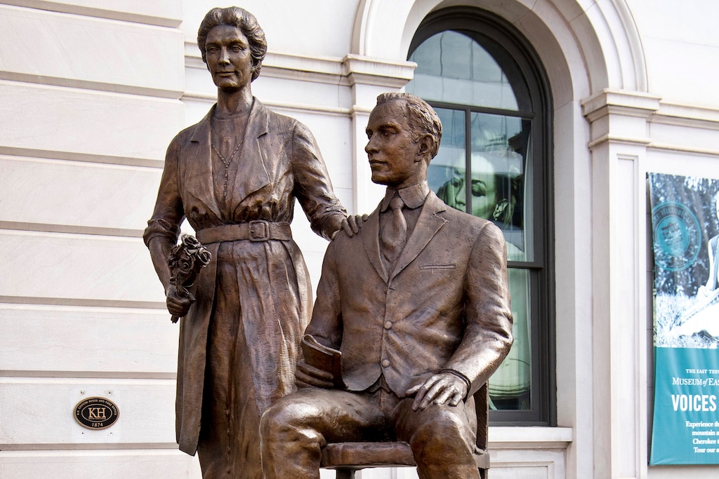 (Brianna Paciorka | Knoxville News Sentinel via AP file photo)  A statue of Febb Ensminger Burn and her son, Harry Burn, stands in downtown Knoxville, Tenn., on Feb. 3, 2020. Women in the United States were guaranteed the right to vote with ratification of the 19th Amendment — secured by a 24-year-old Tennessee legislator's decisive vote, cast at the bidding of his mother.