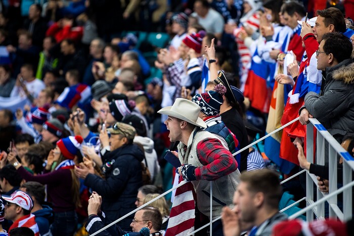 (Chris Detrick  |  The Salt Lake Tribune)  Fans cheer during the United States vs Olympic Athletes from Russia hockey game at Gangneung Hockey Centre during the Pyeongchang 2018 Winter Olympics Saturday, Feb. 17, 2018. Olympic Athletes from Russia defeated United States 4-0.