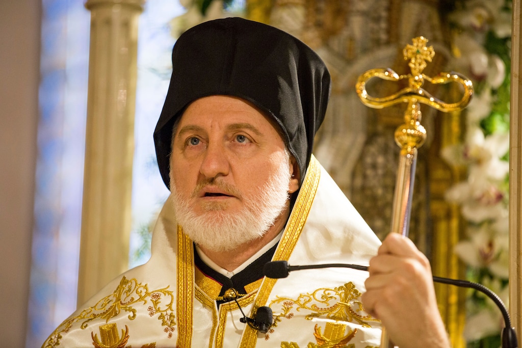 (Julius Motal | The Associated Press) Archbishop Elpidophoros stands at his throne on the altar inside the Archdiocesan Cathedral of the Holy Trinity during his enthronement ceremony as the new archbishop for America, Saturday June 22, 2019, in New York. He will be visiting Utah this week.