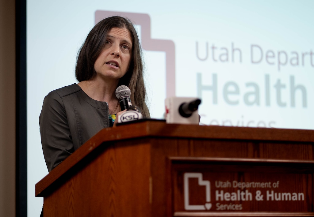 (Francisco Kjolseth | The Salt Lake Tribune) Public health officials warn of the first verified case of measles in Utah as Dr. Leisha Nolen, state epidemiologist, gives an update on a adult from Utah County diagnosed with the highly contagious disease on Friday, June 20, 2025.