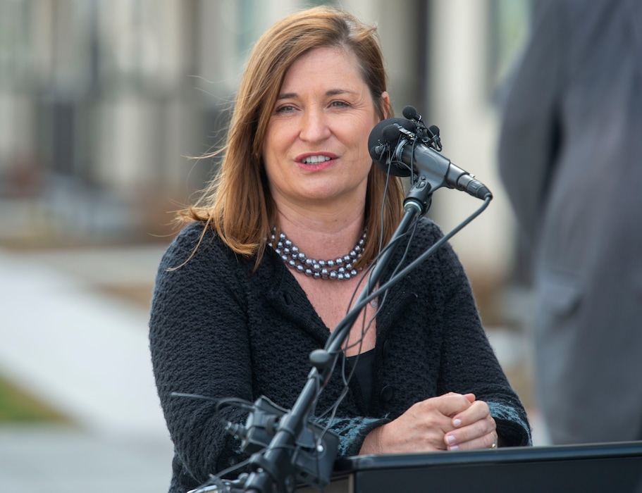 (Rick Egan  |  The Salt Lake Tribune)      Salt Lake County Mayor, Jenny Wilson,  makes a few comments at the celebration of the new double-track rail line for the S-Line Sugar House Streetcar, Friday, April 5, 2019.