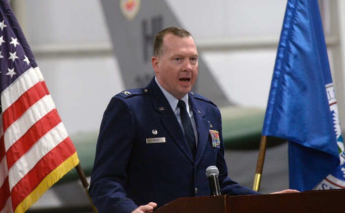 (Al Hartmann  |  The Salt Lake Tribune) 	
Col. Michael Miles of the 388th Maintainence Group speaks to 35 people from 24 countries in a naturalization ceremony by the U.S. Citizenship and Immigration Service Tuesday Nov. 21 at the Hill Air Force Base Aerospace Museum.