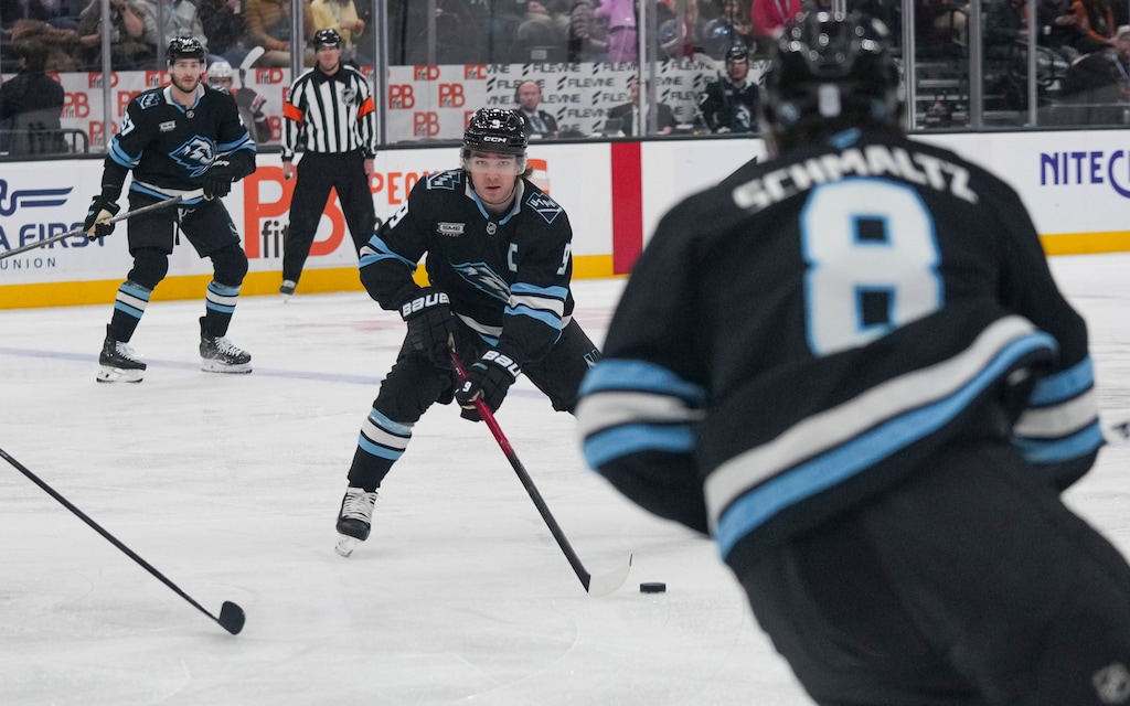 (Bethany Baker | The Salt Lake Tribune) Utah Mammoth right wing Clayton Keller (9) looks to pass the puck to Utah Mammoth center Nick Schmaltz (8) during the game between the Utah Mammoth and the Philadelphia Flyers at the Delta Center in Salt Lake City on Wednesday, Jan. 21, 2026.