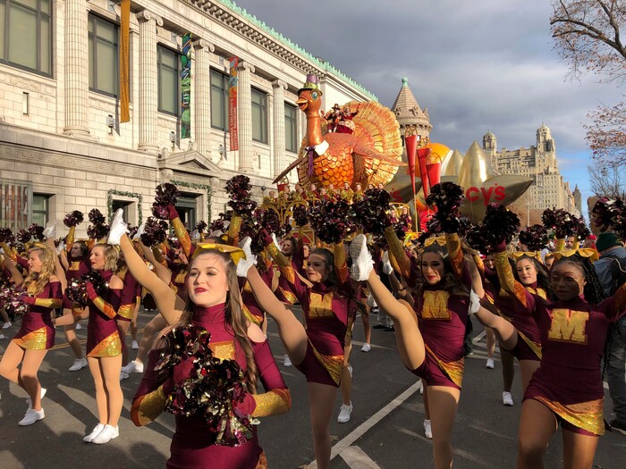 (Mark Lennihan | AP) Members of the Texas State University dance team perform at the start of the Macy's Thanksgiving Day Parade, Thursday, Nov. 28, 2019, in New York.