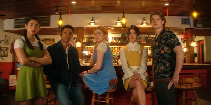 (Photo courtesy The CW) Leah Lewis as George, Tunji Kasim as Nick, Kennedy McMann as Nancy, Maddison Jaizani as Bess and Alex Saxon as Ace in “Nancy Drew.”