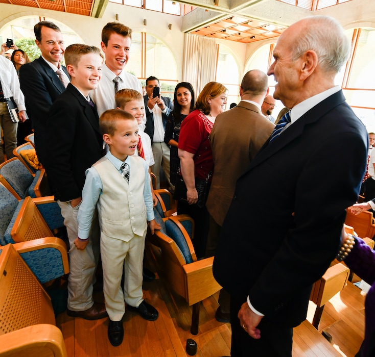 (Courtesy LDS Church) LDS Church President Russell M. Nelson greets attendees at a district conference held at the Brigham Young University Jerusalem Center, April 14, 2018.