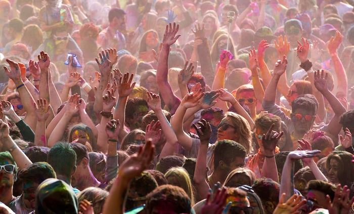(Rick Egan  |  The Salt Lake Tribune)       Revelers dance to the sounds of Aakansha Bollypop, during the 22nd annual Holi Festival of Colors at the Sri Sri Radha Krishna Temple in Spanish Fork, Saturday, March 24, 2018. The festival which celebrates the beginning or spring is also known as at the Festival of Love.