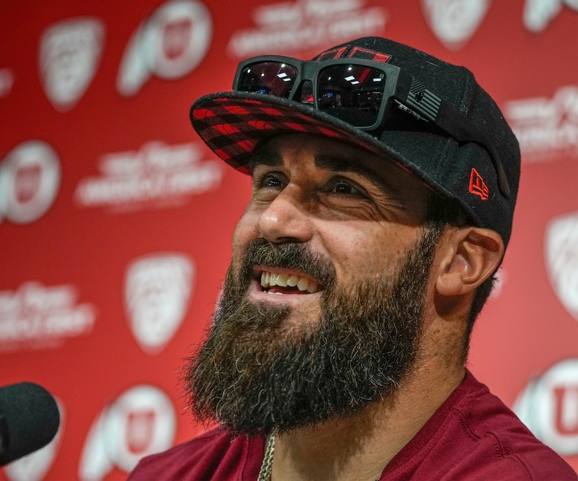 (Leah Hogsten | The Salt Lake Tribune) Eric Weddle, an inductee of the 2022 University of Utah Athletics Hall of Fame Class and Super Bowl LVI Los Angeles Rams Champion speaks to members of the media Saturday, Sept. 10, 2022 prior to the University of Utah game against Southern Utah University at Rice-Eccles Stadium in Salt Lake City.