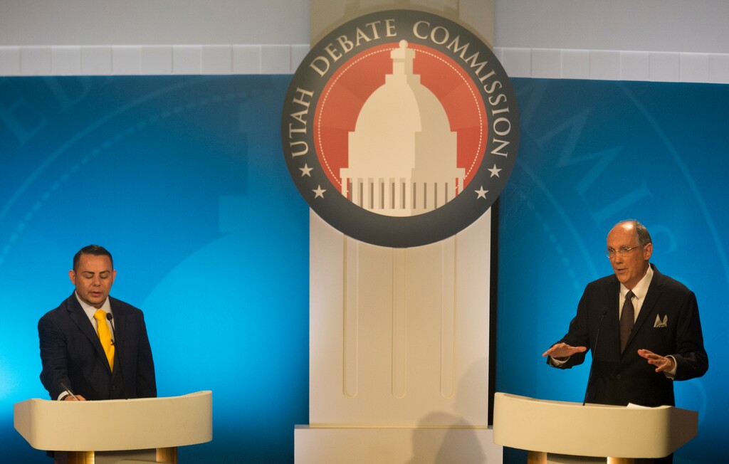(Rick Egan  |  The Salt Lake Tribune)  Kurt Weiland, right, answers questions during his 1st Congressional District Democratic primary debate with Lee Castillo at KBYU studios in Provo, Tuesday, May 29, 2018.