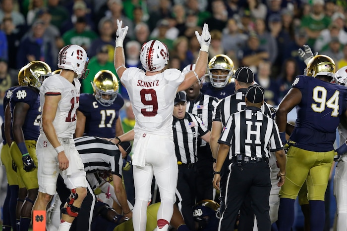 Stanford tight end Dalton Schultz (9) celebrates a touchdown on a fumble recovery by a teammate during the second half of an NCAA college football game against Notre Dame in South Bend, Ind., Saturday, Oct. 15, 2016. Stanford defeated Notre Dame 17-10. (AP Photo/Michael Conroy)