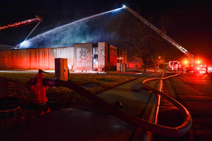 (Francisco Kjolseth | The Salt Lake Tribune) Crews from multiple agencies battled a fire Sunday night that broke out at South Valley Specialties at 9320 S. 547 West in Sandy. The building, where the company makes custom rubber moldings and other products, was declared a complete loss. The cause of the blaze is under investigation.