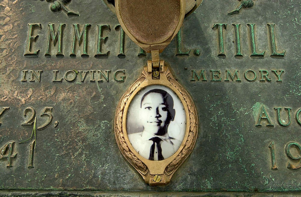 (Robert A. Davis | Chicago Sun-Times via AP file photo)  This May 4, 2005, photo shows Emmett Till's photo on his grave marker in Alsip, Ill.
