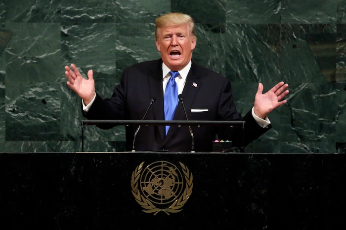 FILE - In this Sept. 19, 2017, file photo, U.S. President Donald Trump addresses the 72nd session of the United Nations General Assembly, at U.N. headquarters. North Korean Foreign Minister Ri Yong Ho on Wednesday, Sept. 20, 2017 in New York described as "the sound of a dog barking" Trump's threat to destroy his country. (AP Photo/Richard Drew, File)
