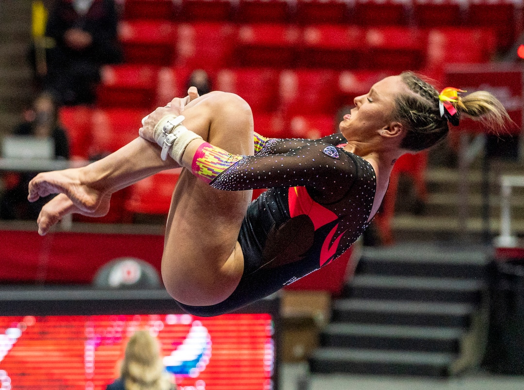 (Rick Egan | The Salt Lake Tribune) Maile O'Keefe competes on the uneven bars, in PAC-12 gymnastics action Utah vs Arizona, at the Huntsman Center onSaturday, Jan. 23, 2021.