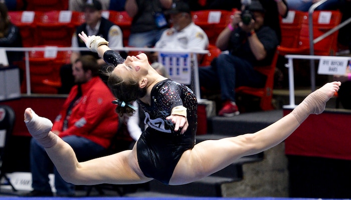 (Leah Hogsten  |  The Salt Lake Tribune)   Missy Reinstadtler performs her floor routine.  The fourth-ranked Utes compete against No. 9 California, No. 16 Auburn, No. 21 Brigham Young, Stanford and Southern Utah, during the the NCAA Regional Championships, Saturday, April 7, 2018 at the Huntsman Center. The top two teams advance to the NCAA Championships April 20-21 in St. Louis.Saturday, April 7, 2018, 