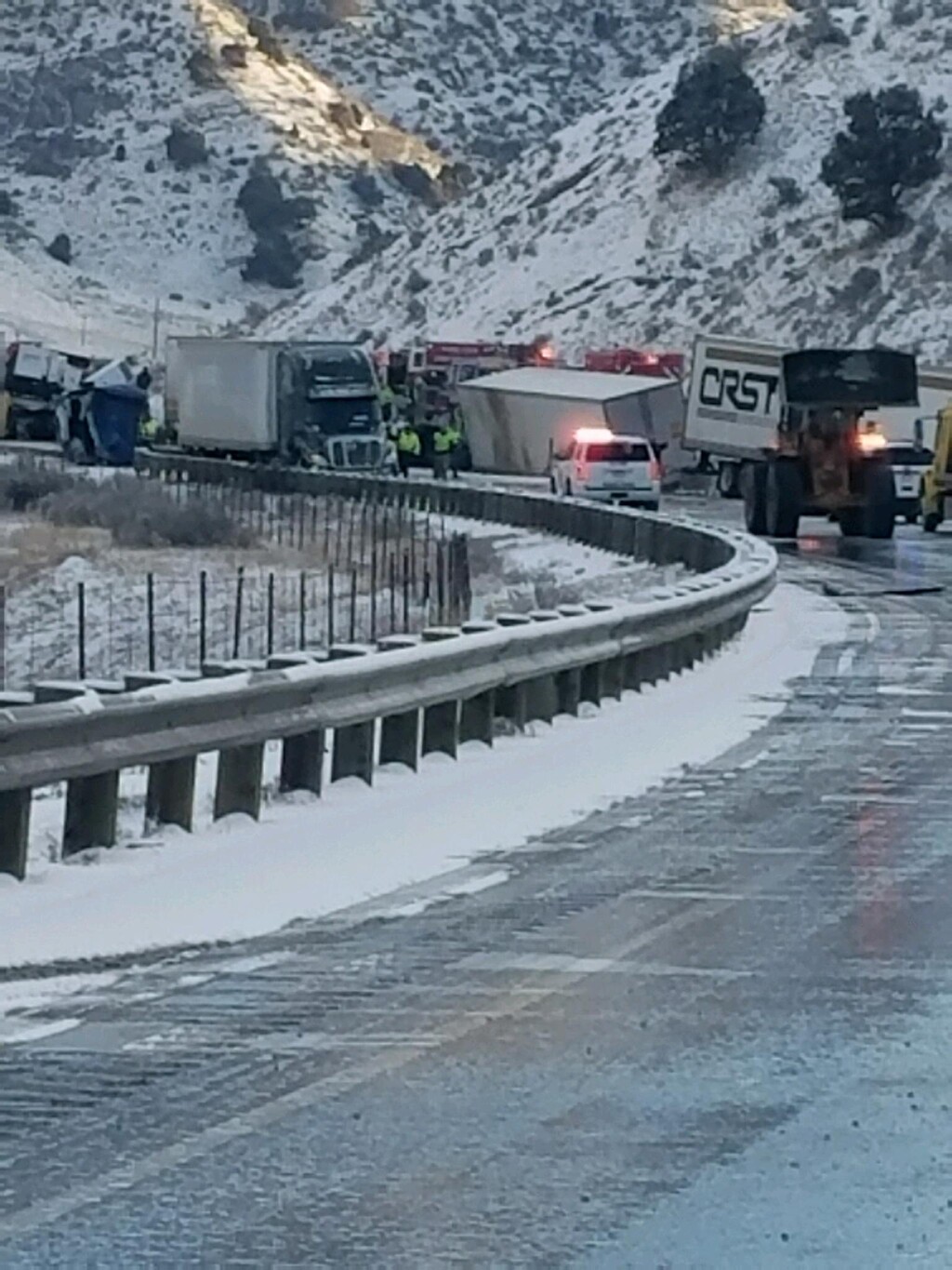 (Photo courtesy of Utah Highway Patrol) Dozens of vehicles crashed on Interstate 80 in Summit County, closing the freeway in both directions Monday, March 26, 2018.