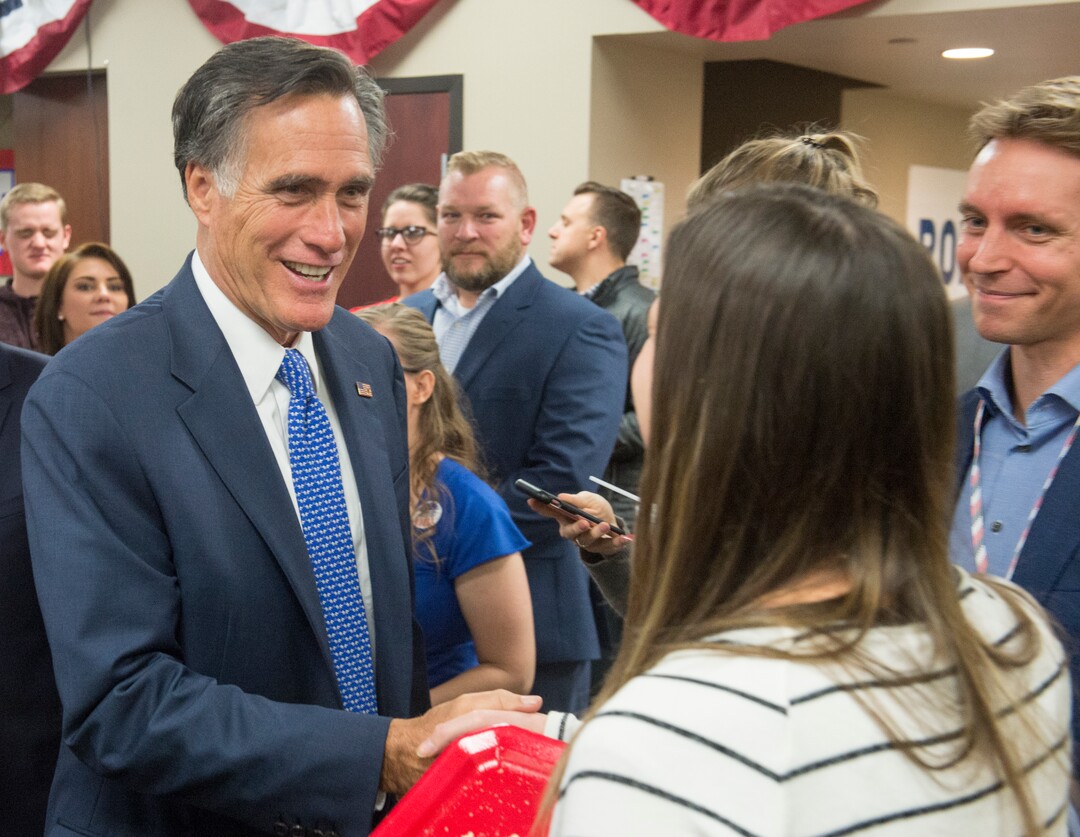 (Rick Egan  |  The Salt Lake Tribune)   Mitt Romney shakes hands with supporters at the Romney Headquarters, in Orem, as they wait for the polls to close, on election night, Tuesday, Nov. 6, 2018.