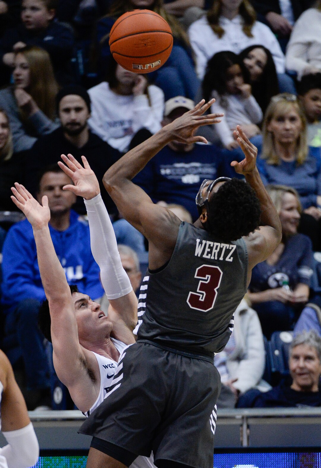 (Francisco Kjolseth  |  The Salt Lake Tribune) Brigham Young Cougars guard Alex Barcello (4) puts pressure on Santa Clara Broncos guard Trey Wertz (3) in the first half as the Brigham Young Cougars host the Santa Clara Broncos at the Marriott Center in Provo, Thursday, Feb. 20, 2020.