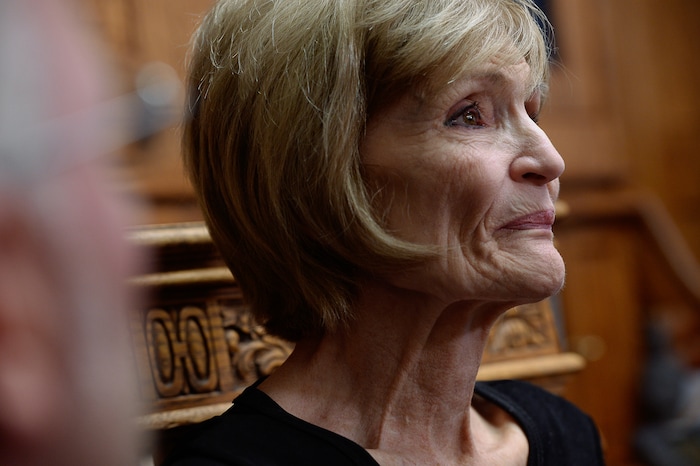 (Francisco Kjolseth  |  The Salt Lake Tribune)  Connie Elison, mother of Thomas Stanfield who was shot and killed by a Citadel security guard last week, speaks with the press at the office of attorney, Robert Sykes, in Salt Lake City on Tuesday, June 26, 2018, after filing a civil rights and wrongful death law suit.