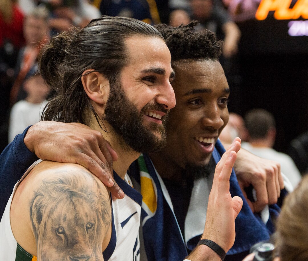 (Rick Egan  |  The Salt Lake Tribune)    Utah Jazz guard Ricky Rubio (3) and Utah Jazz guard Donovan Mitchell (45) celebrate Utah's win over Oklahoma City Thunder in game 4, in Salt Lake City, Monday April 23, 2018.