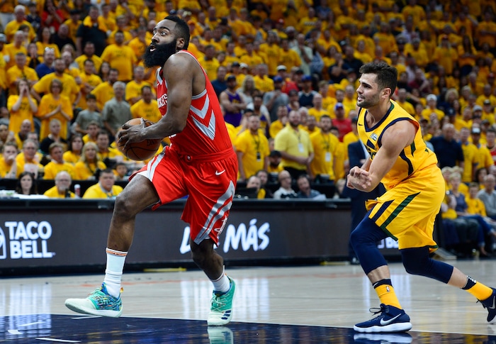(Scott Sommerdorf | The Salt Lake Tribune)
Houston Rockets guard James Harden (13) scampers to the hoop after getting past the defense of Utah Jazz guard Raul Neto (25). The Rockets beat the Jazz 100-87, Sunday, May 6, 2018.