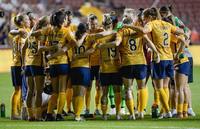 (Francisco Kjolseth  |  The Salt Lake Tribune)  Utah Royals FC hosts Washington Spirit, NWSL soccer at Rio Tinto Stadium in Sandy, Wed. Aug. 8, 2018. The Royals gather following their 1-0 win. 