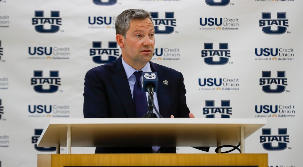 (Photo courtesy of Utah State Athletics) New Utah State basketball coach Ryan Odom lays out his plan for the Aggie program during his introductory press conference on April 7, 2021.